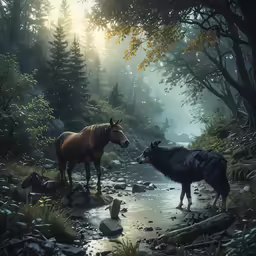 two horses standing next to a stream in a forest