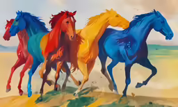 a colorful image of three horses running