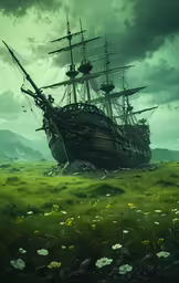 a large ship on a lush green field