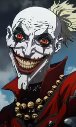 the face of a man wearing an evil mask with his hair pulled back