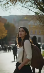 a woman walking down the street in a white blouse