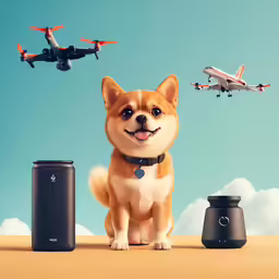 a small dog sits next to two black and white cans