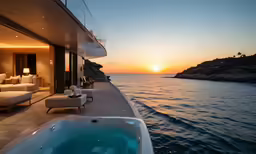 a boat deck overlooking the ocean with a sun setting