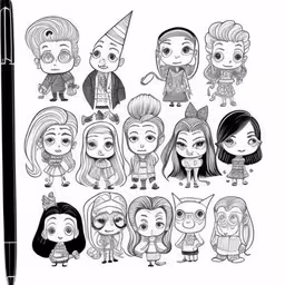 the various drawing styles used for the doll dolls,cartoon characters drawn with black ink in front of a pen