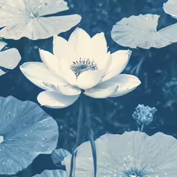 a close up of a water lily with other water plants in the background