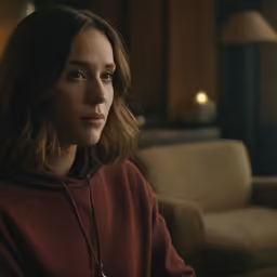 a woman wearing a red sweatshirt staring in the distance
