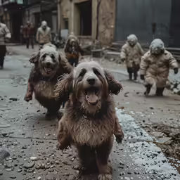 several dogs that are running around the street