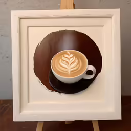 a white framed photograph with a cappuccino in a white cup on the bottom