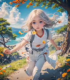 a painting of a child with blonde hair running on a path