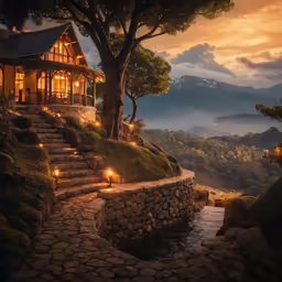 there is a small cabin with steps to a porch on a hill