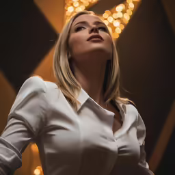 a woman with blond hair wearing white shirt
