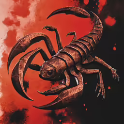 an illustration of a scorpion with claws in red, black and grey