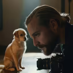a camera is next to a dog on the floor