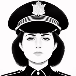 black and white photo of a woman wearing a police hat