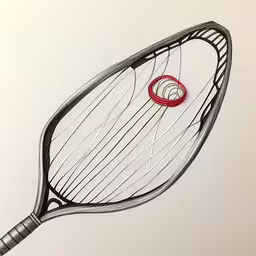this is a drawing of a tennis racket,a drawing of a badminton racket and a ball,a drawing of a tennis racket hanging on the wall,a drawing of a racquet that is in mid air,a drawing of a badminton racket with the tail