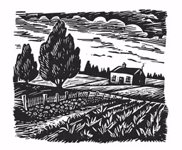 a black and white ink drawing of a field with trees,a black and white drawing of a rural scene with fields and houses