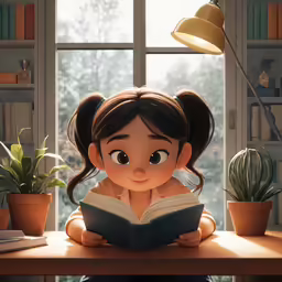 a little girl is reading a book in her room