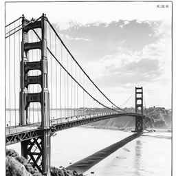 an ink drawing of the golden gate bridge