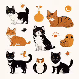 eight cats are on the floor with one sitting
