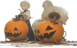 two pumpkin shaped air filled cylinders and two scarecrows with the faces carved on them