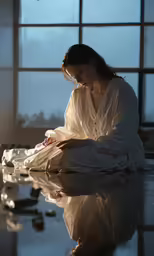 there is a woman sitting in the middle of a room and writing