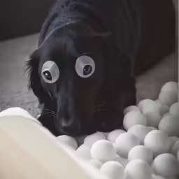 a black dog with googly eyes is laying on a bed of white balls