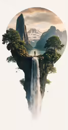 two people on top of a waterfall in front of a mountain