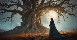 a beautiful young lady dressed as a wizard is standing in front of a tree