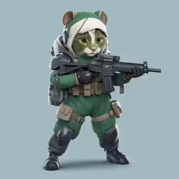 a cat wearing a uniform holding an automatic rifle