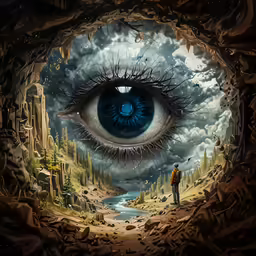 an artistic painting shows a blue eye in the middle of the sky