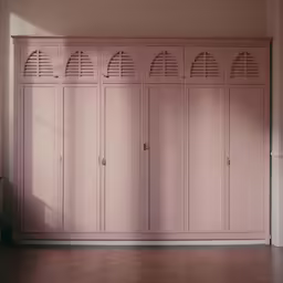 the pink lockers in a room are empty