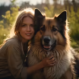 a woman smiling next to a big dog