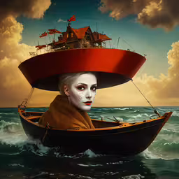 the woman has white makeup and the boat is sailing,a painting of a woman with a face painted and a boat in the ocean