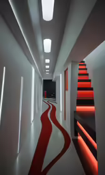 a white hallway with a bright red floor and a white wall