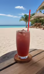 a tall glass on the table next to a umbrella