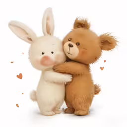 two stuffed animals are cuddling together in the snow