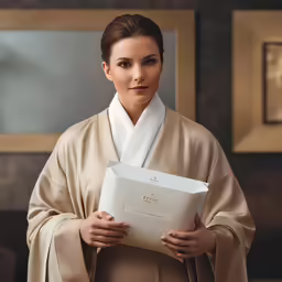 a woman wearing a white and tan robe holding a document