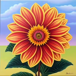 the painted flower is colorful and vibrant,the painting is of a large sunflower in the field,a painting of a yellow and red flower,painting of a yellow sunflower on canvas,this picture has a very bright flower and a blue sky with clouds