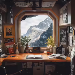 the inside of a computer desk with a large window in it