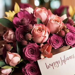 a bouquet of purple and pink roses sitting on top of a table