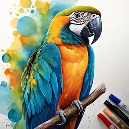 a painting of a parrot on a white table