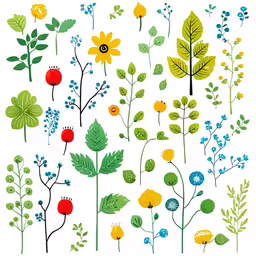 a flower drawing that includes various flowers and leaves