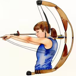 a drawing of a woman aiming with an archery gun,a girl with brown hair and eyeliners aiming an arrow with her right hand