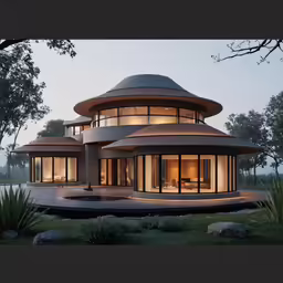 large circular building that has a round patio area around it