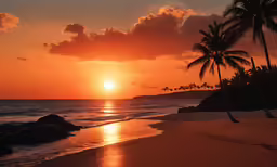 a sunset that is near the ocean and some trees