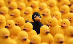 the head of a black duck surrounded by yellow rubber ducks