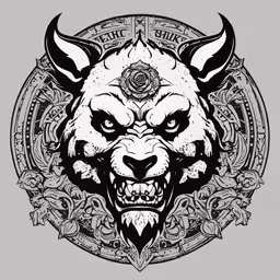 a wolf head with ornaments and flower,the emblem of the beast with a rose in its mouth