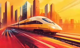 a train on the tracks near a city skyline