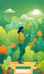 a person standing in the distance looking at something,a woman in yellow jacket holding cellphone standing next to plant