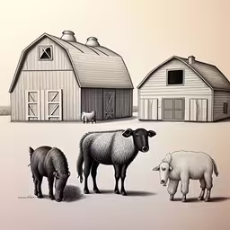 three sheep stand next to each other in front of two barns